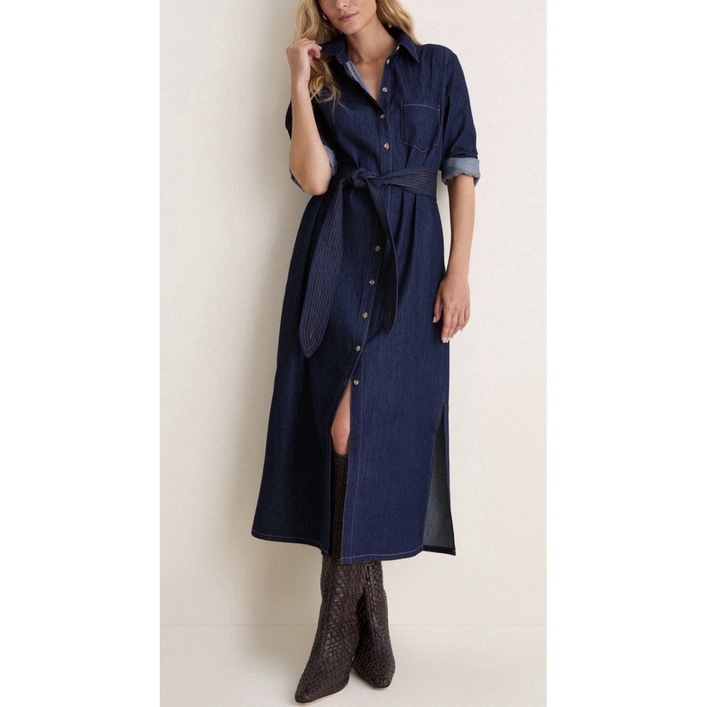 Tuckernuck Chessie Denim Midi Dress Sz S Button Up Tie Belt Coastal Western Chic
